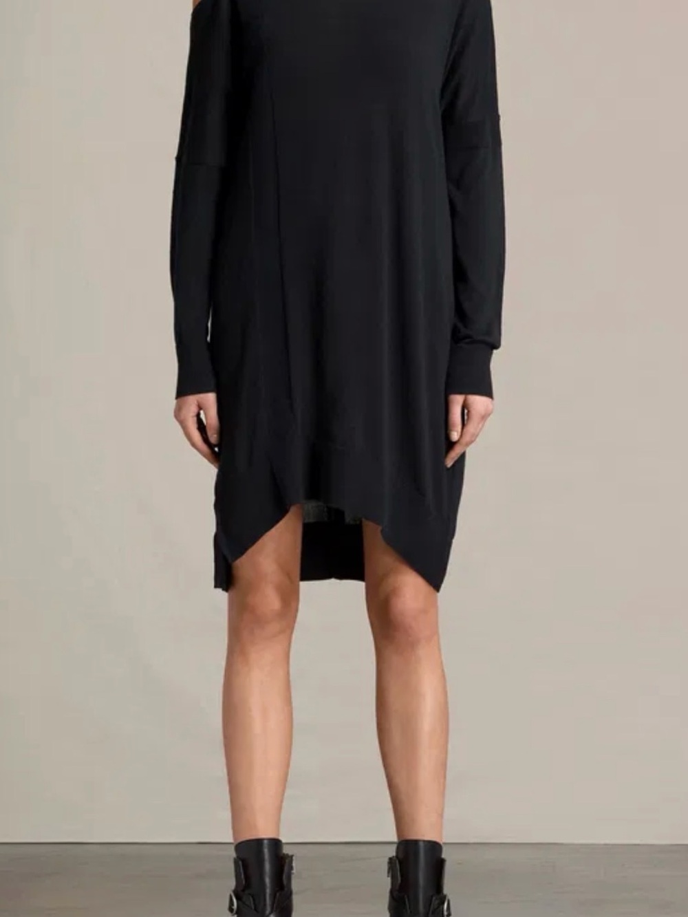 All Saints Black Cecily Knit Midi Sweater Dress with open shoulder, XS